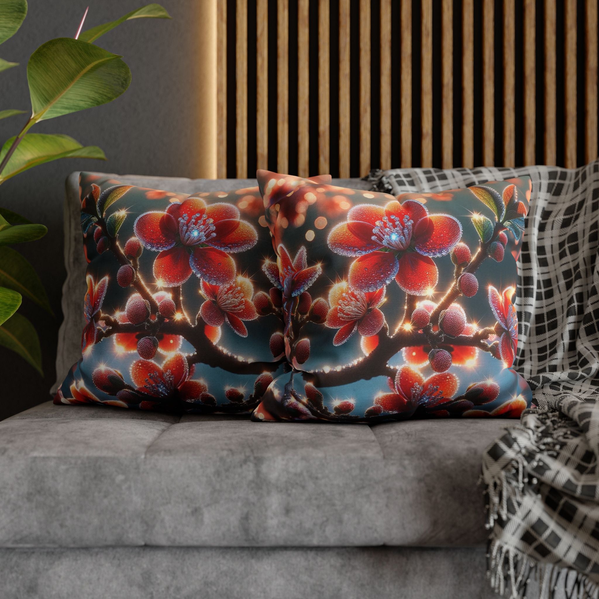 Red flowers with grey background - Polyester Square Pillowcase