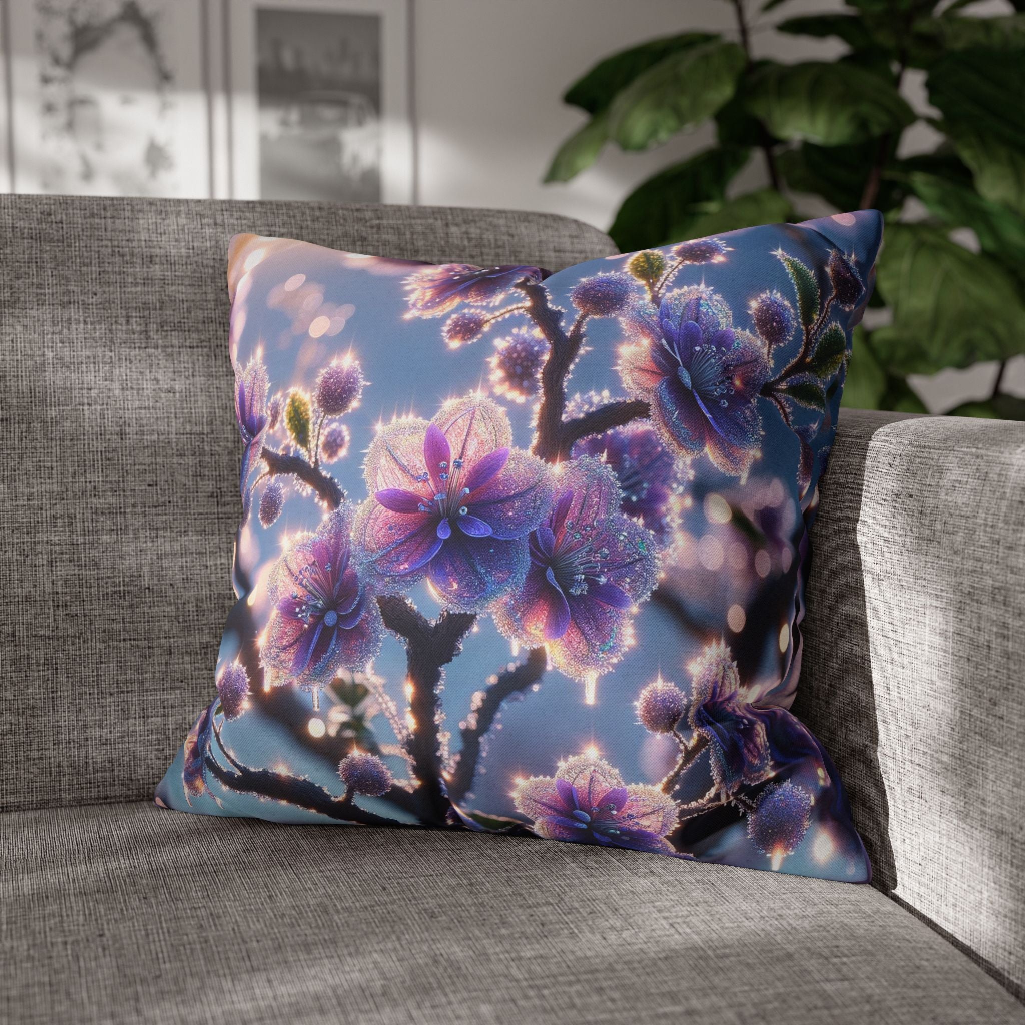 Lavender coloured flowers with sky blue background -  Polyester Square Pillowcase