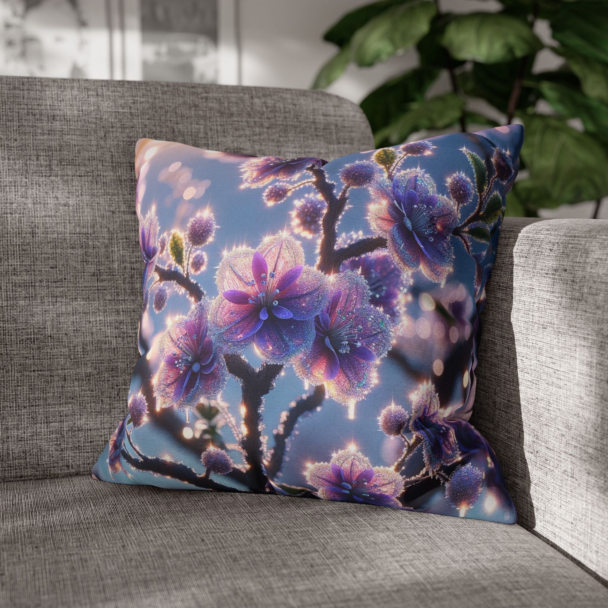 Lavender coloured flowers with sky blue background -  Polyester Square Pillowcase