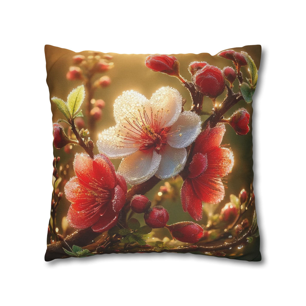 Red & white flowers in light background - Polyester Square Pillowcase