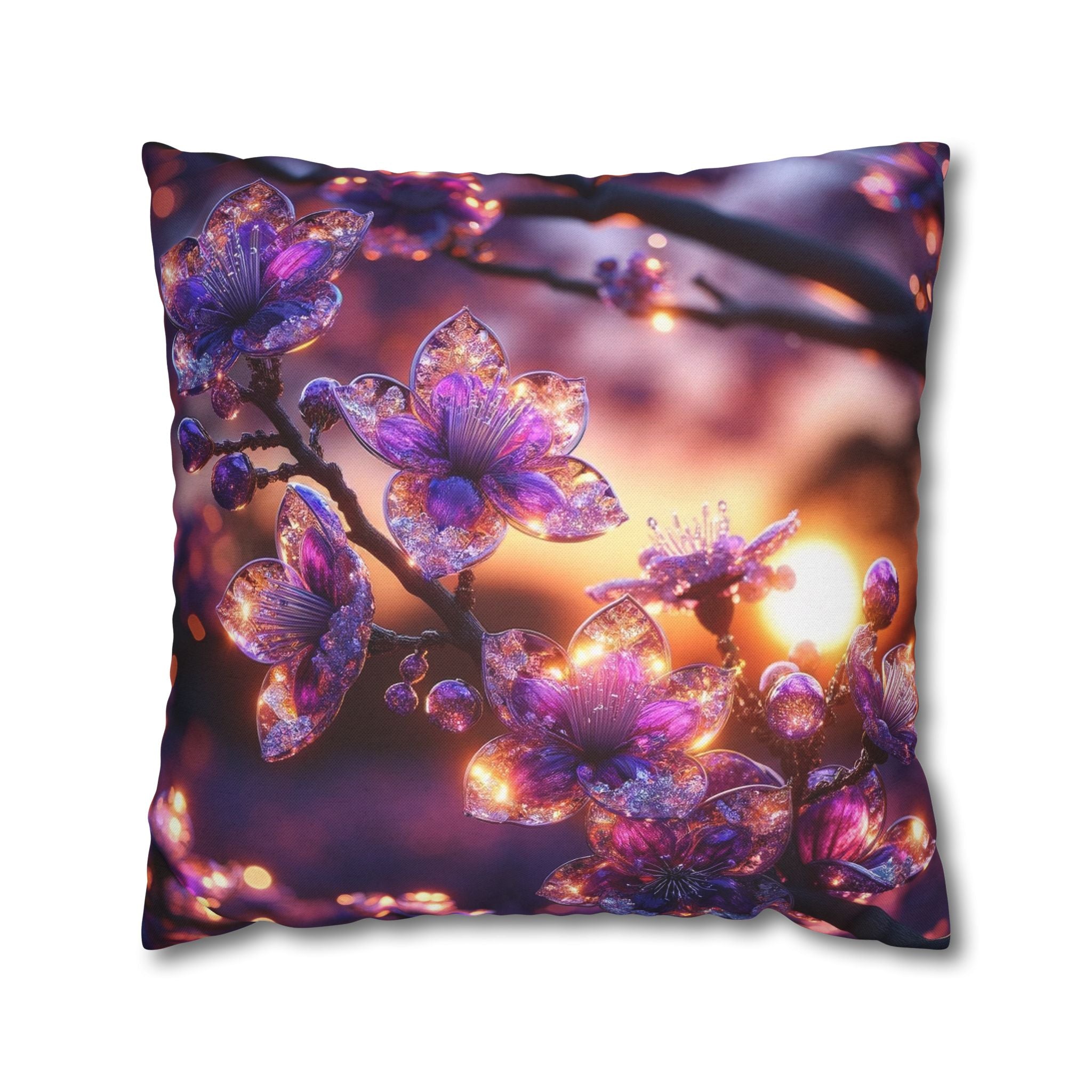 Purple diamond flowers (in sunset) - Polyester Square Pillowcase