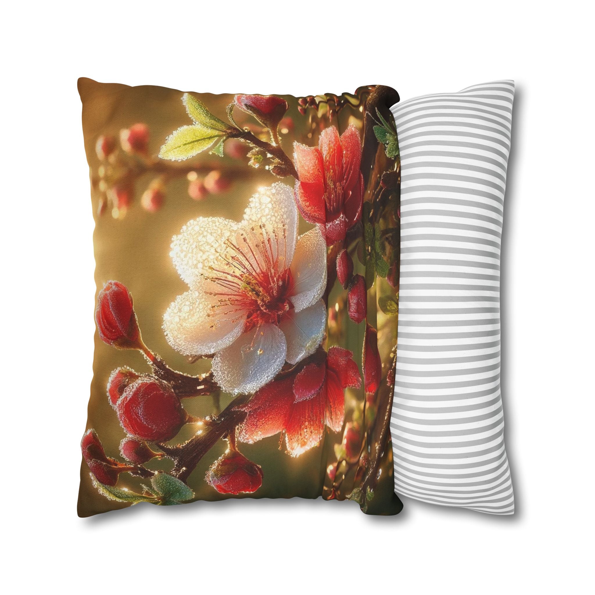 Red & white flowers in light background - Polyester Square Pillowcase