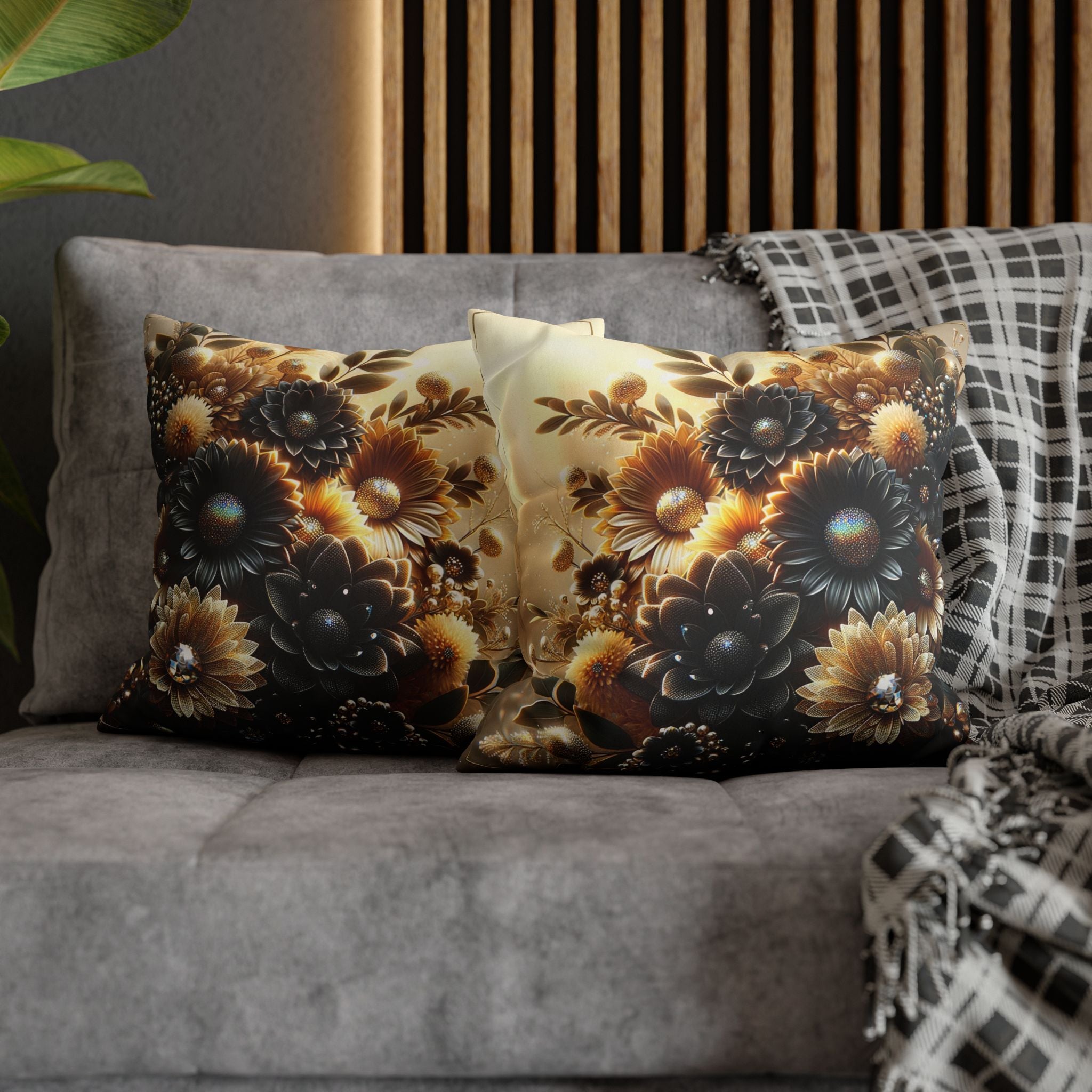 Black and golden Bouquet (with golden background) - Suede Square Pillowcase