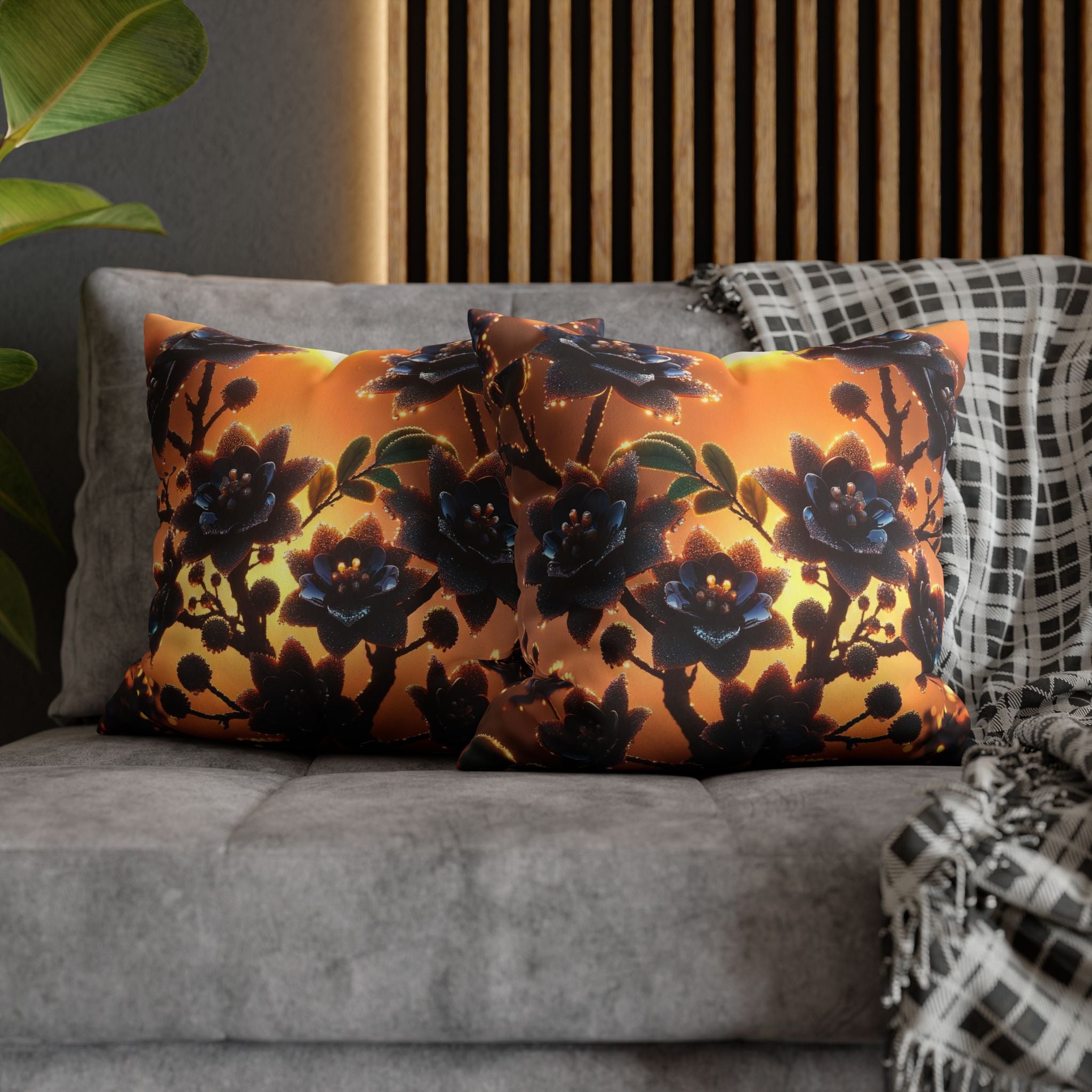 Black flowers in sunset- Suede Square Pillowcase