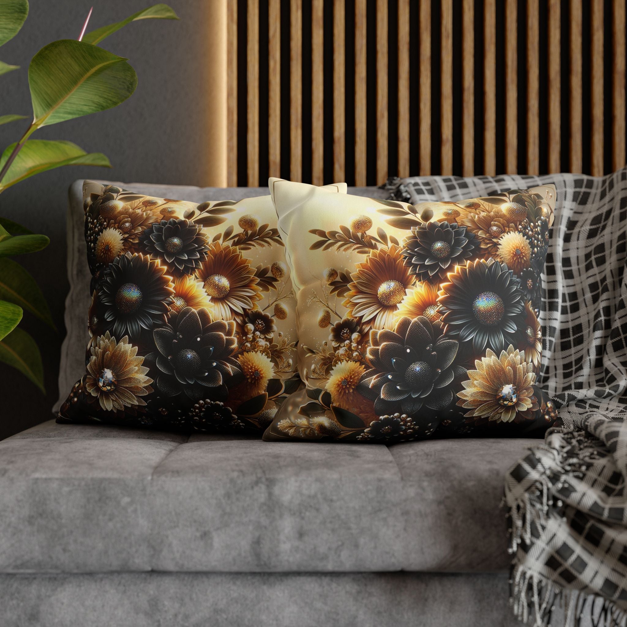 Black and golden Bouquet (with golden background) - Suede Square Pillowcase