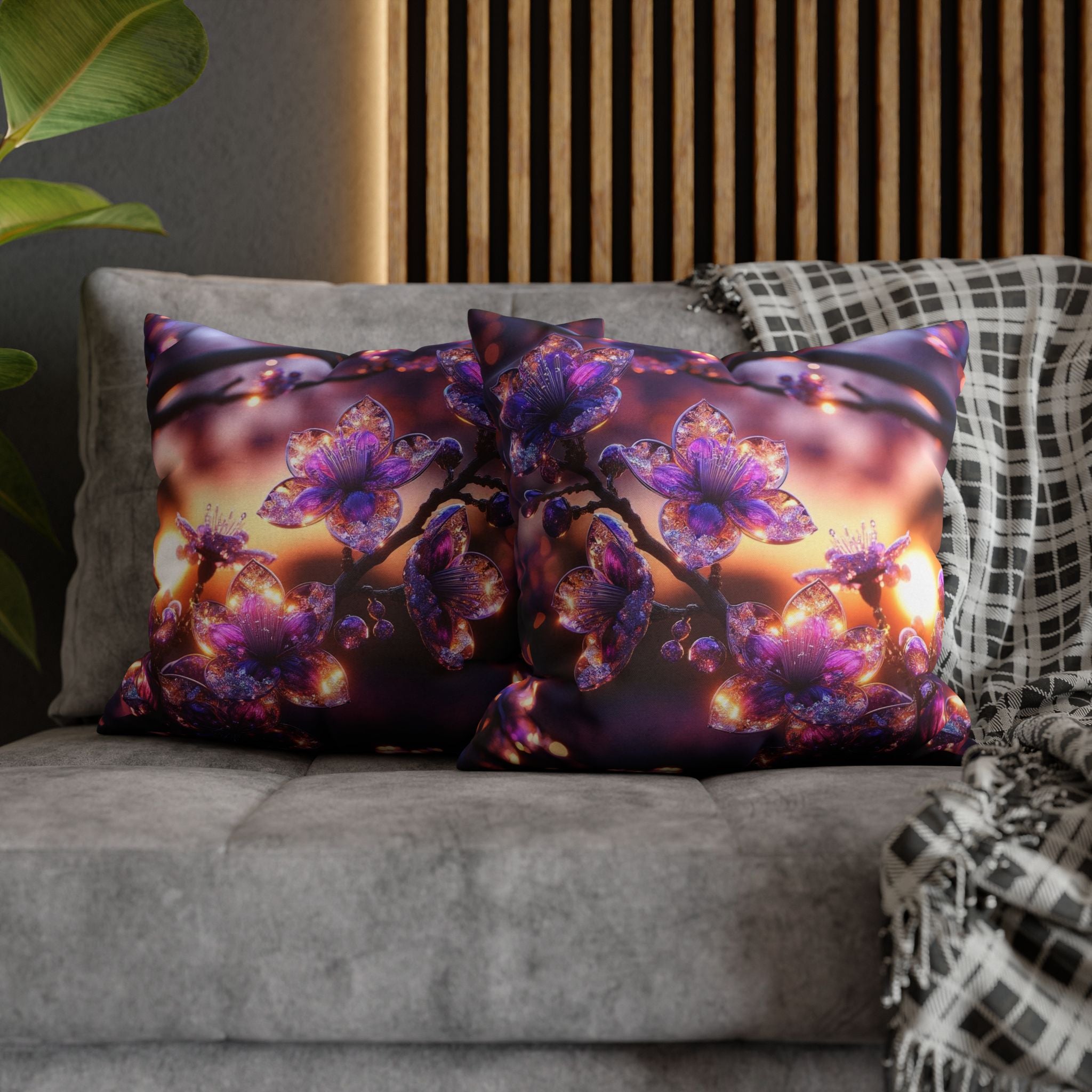 Purple diamond flowers (in sunset) - Polyester Square Pillowcase