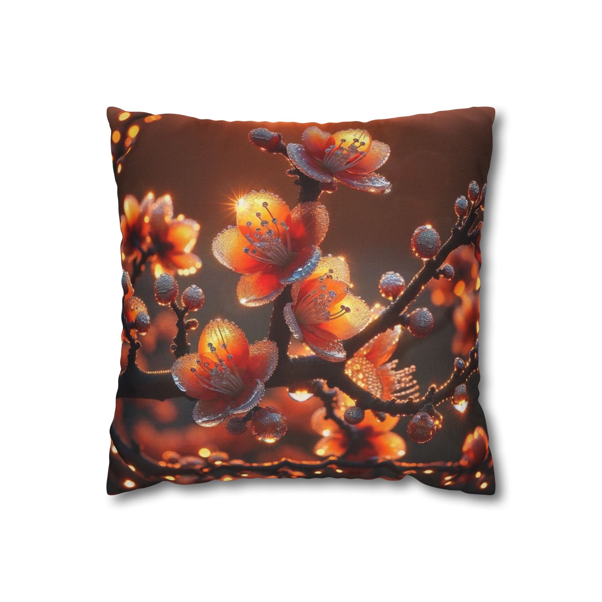 Orange flowers (brown background) - Polyester Square Pillowcase