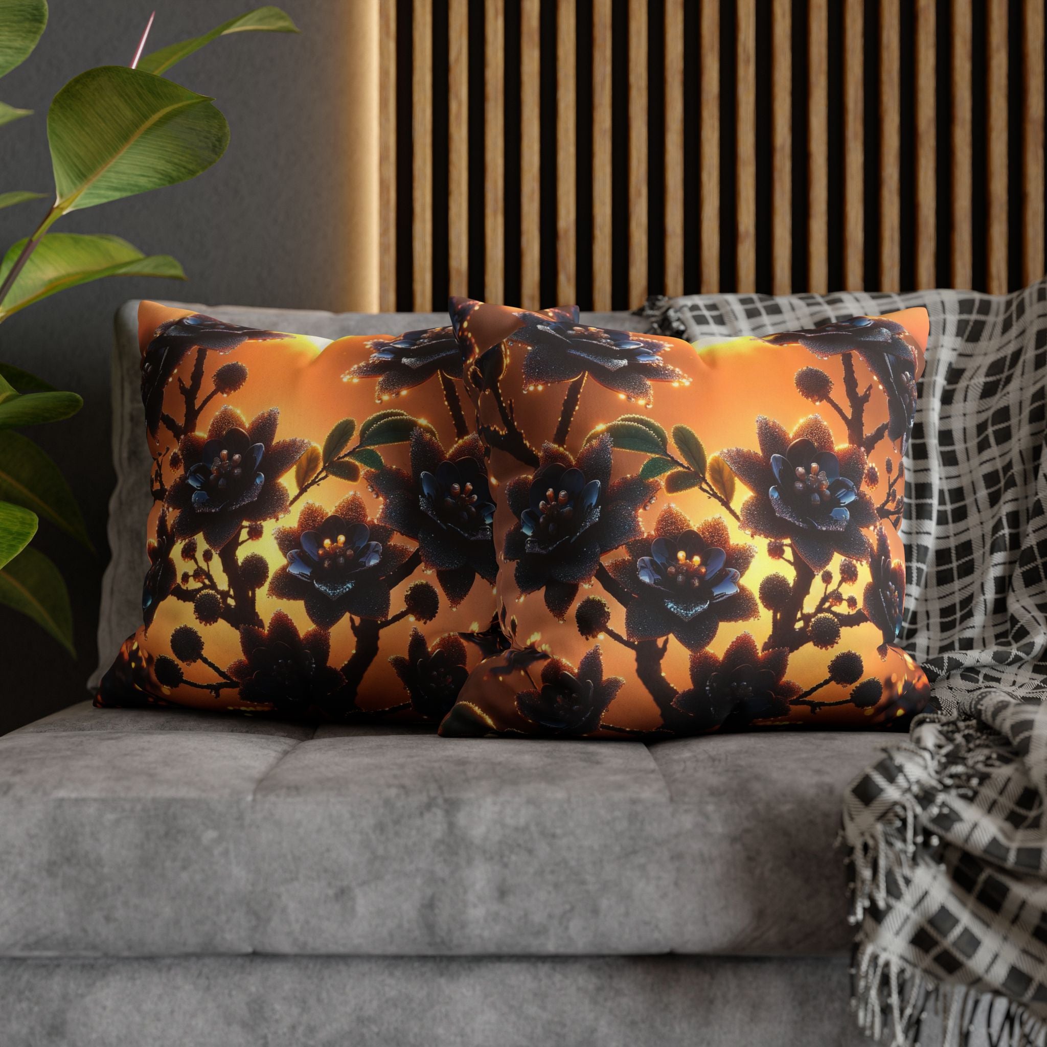 Black flowers in sunset- Suede Square Pillowcase