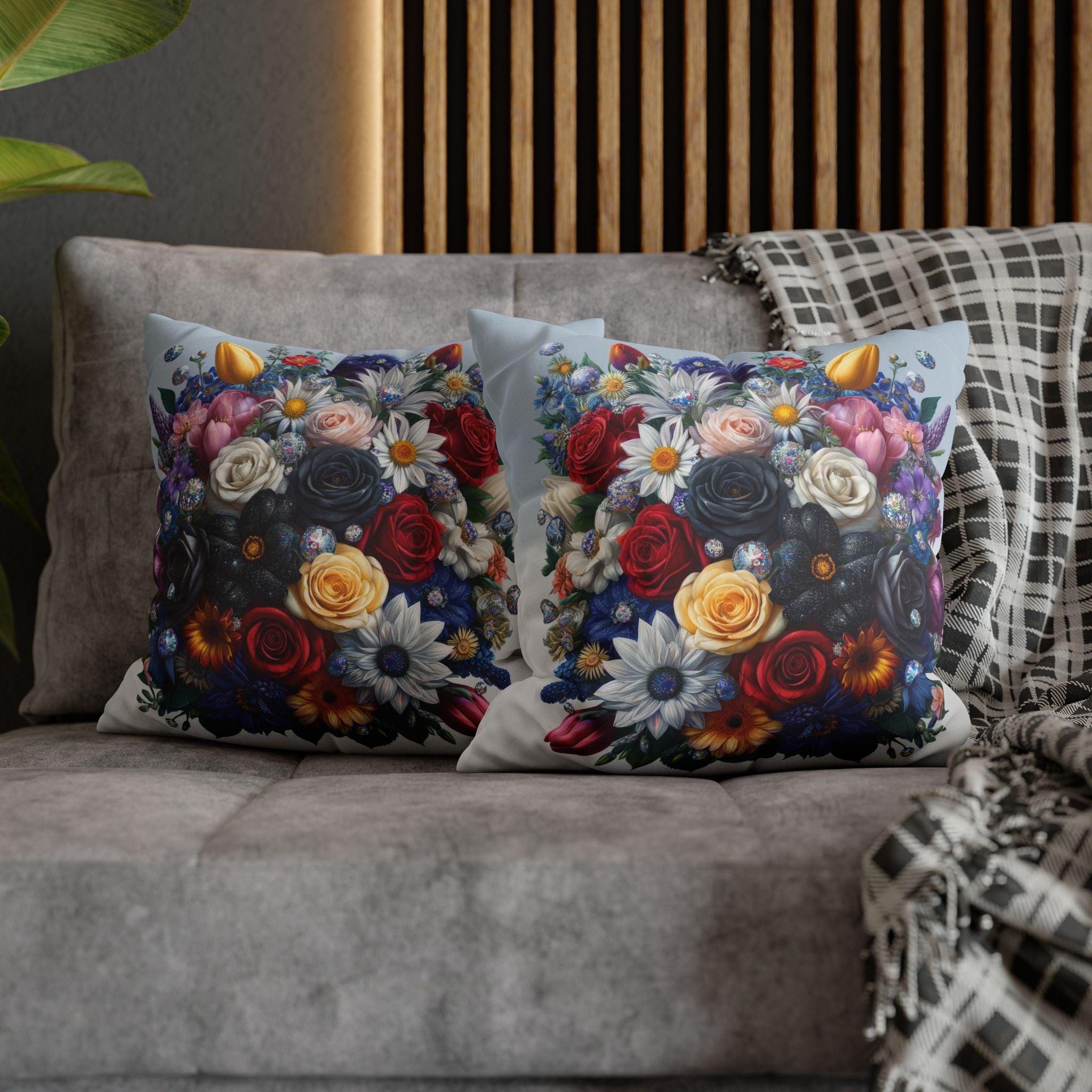 Colourful Bouquet (blue background) - Suede Square Pillowcase