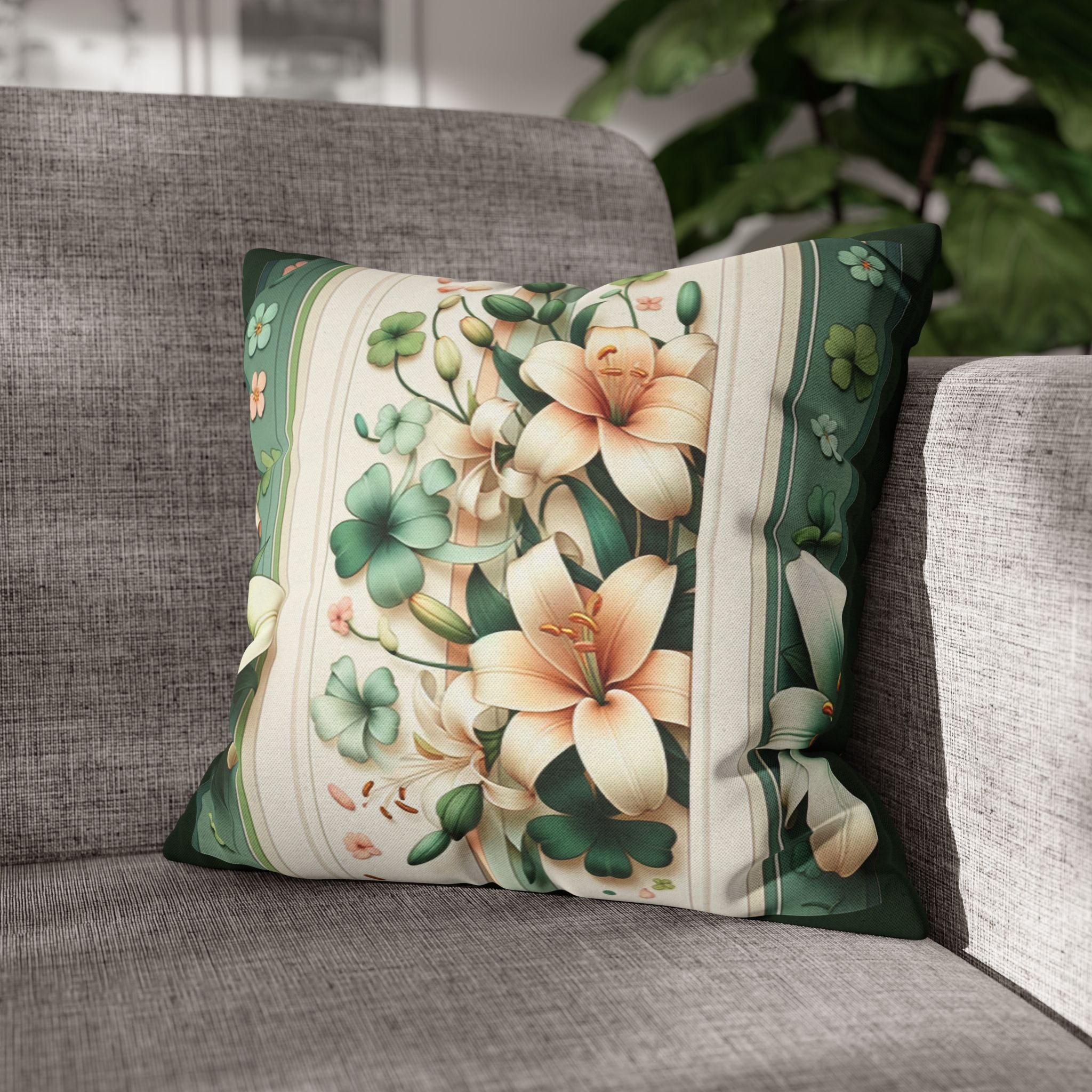 Green & peach coloured lilies - Polyester Square Pillowcase