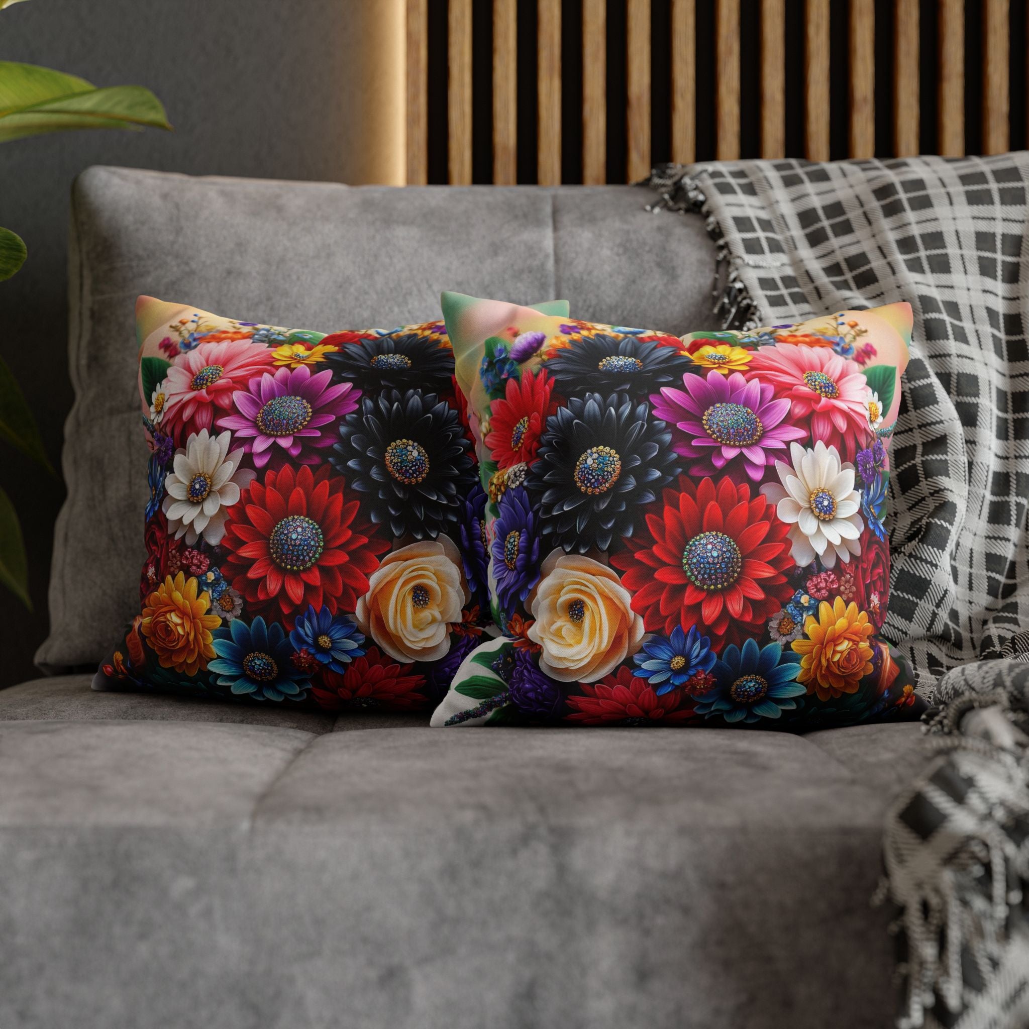 Colourful Bouquet (with diamonds) - Polyester Square Pillowcase