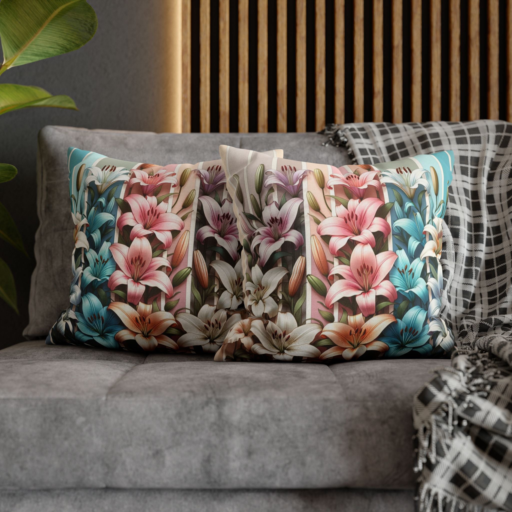 Colourful Lilies in line - Polyester Square Pillowcase