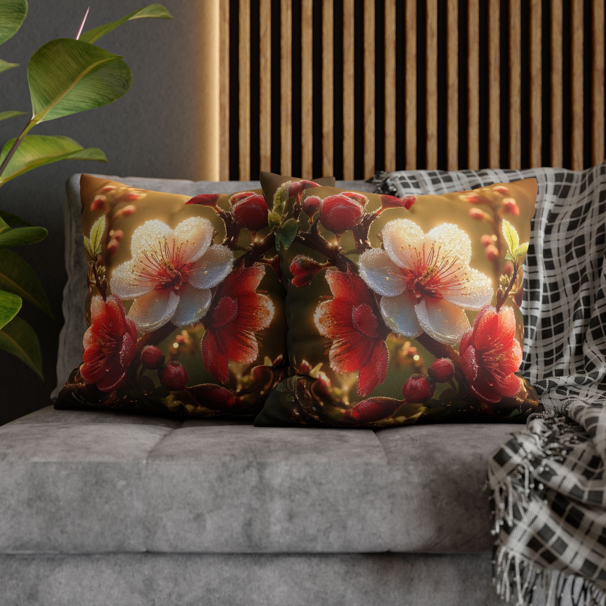 Red & white flowers in light background - Polyester Square Pillowcase