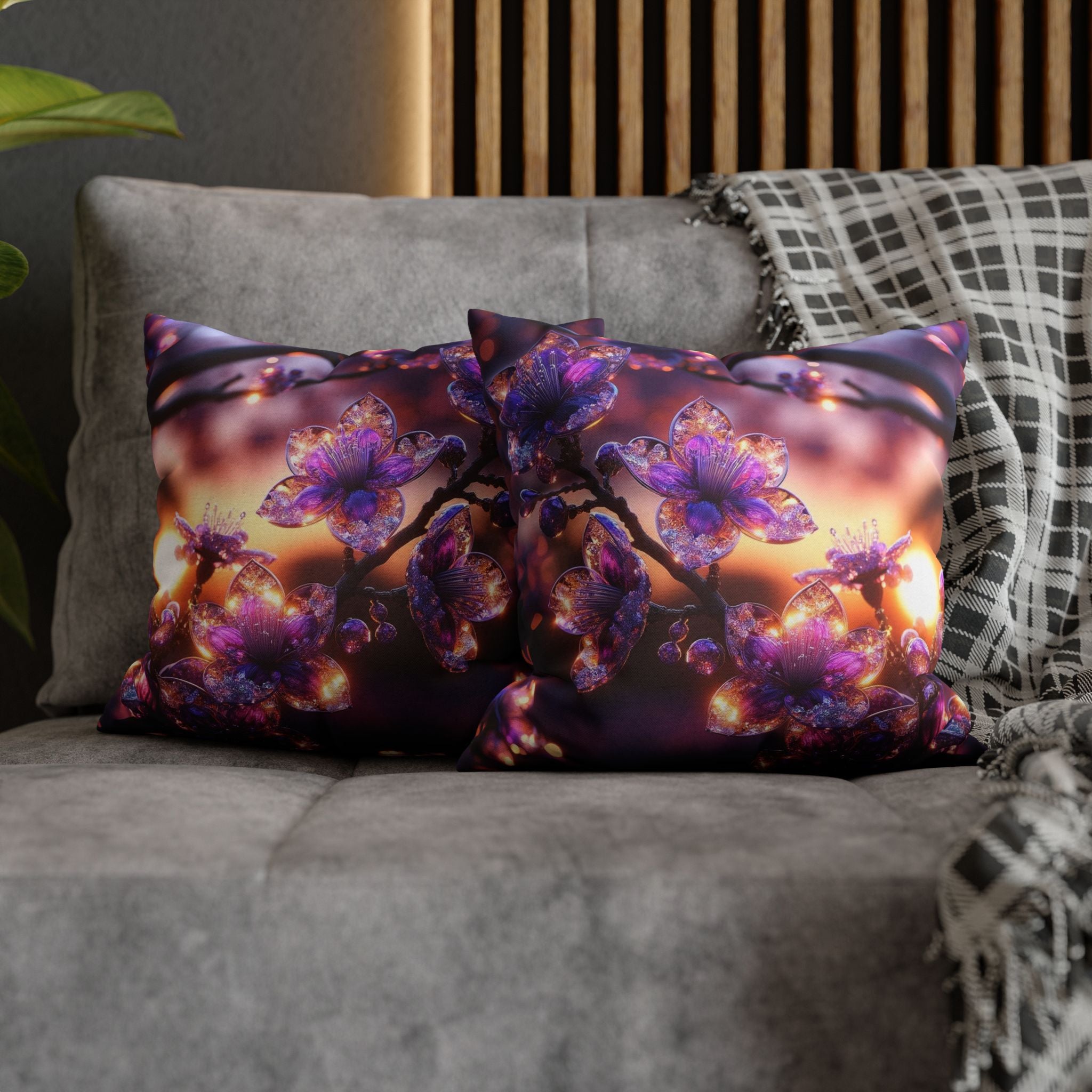 Purple diamond flowers (in sunset) - Polyester Square Pillowcase