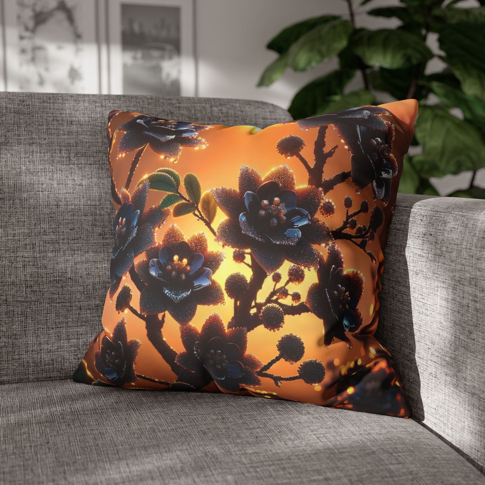 Black flowers in sunset- Suede Square Pillowcase