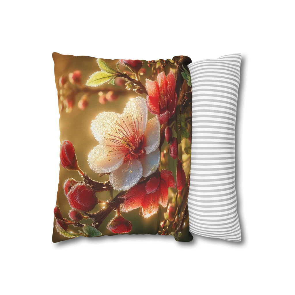 Red & white flowers in light background - Polyester Square Pillowcase