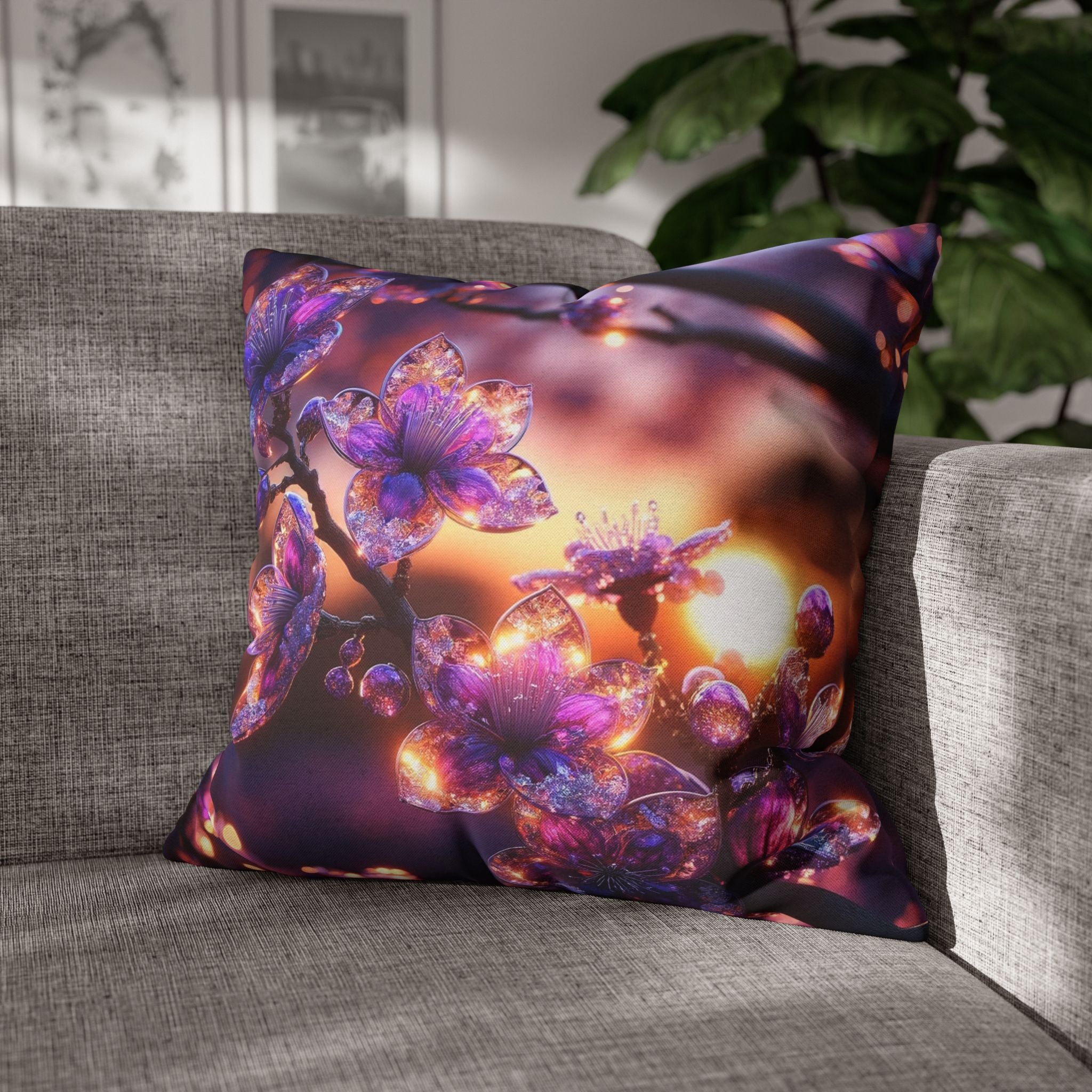 Purple diamond flowers (in sunset) - Polyester Square Pillowcase