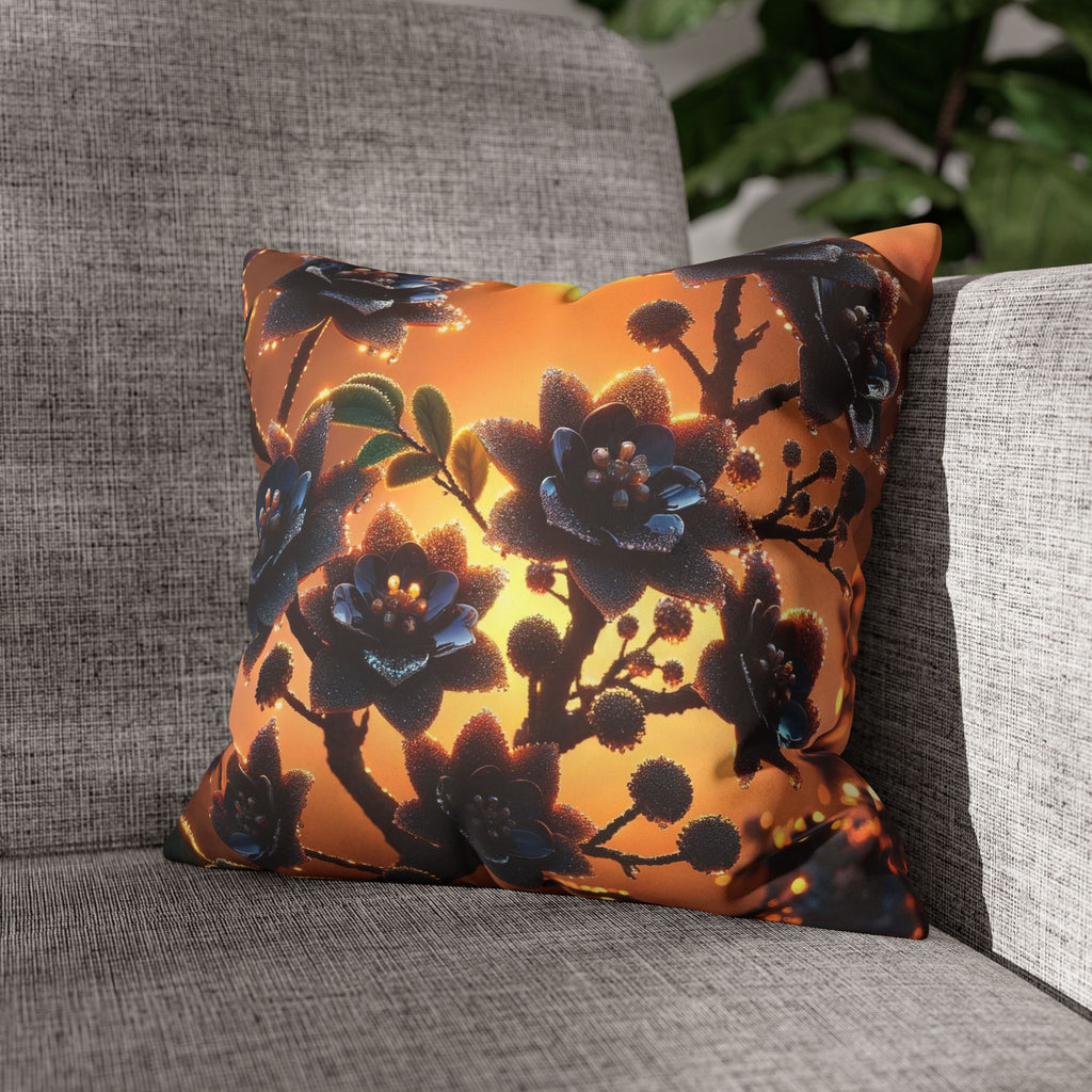 Black flowers in sunset- Suede Square Pillowcase