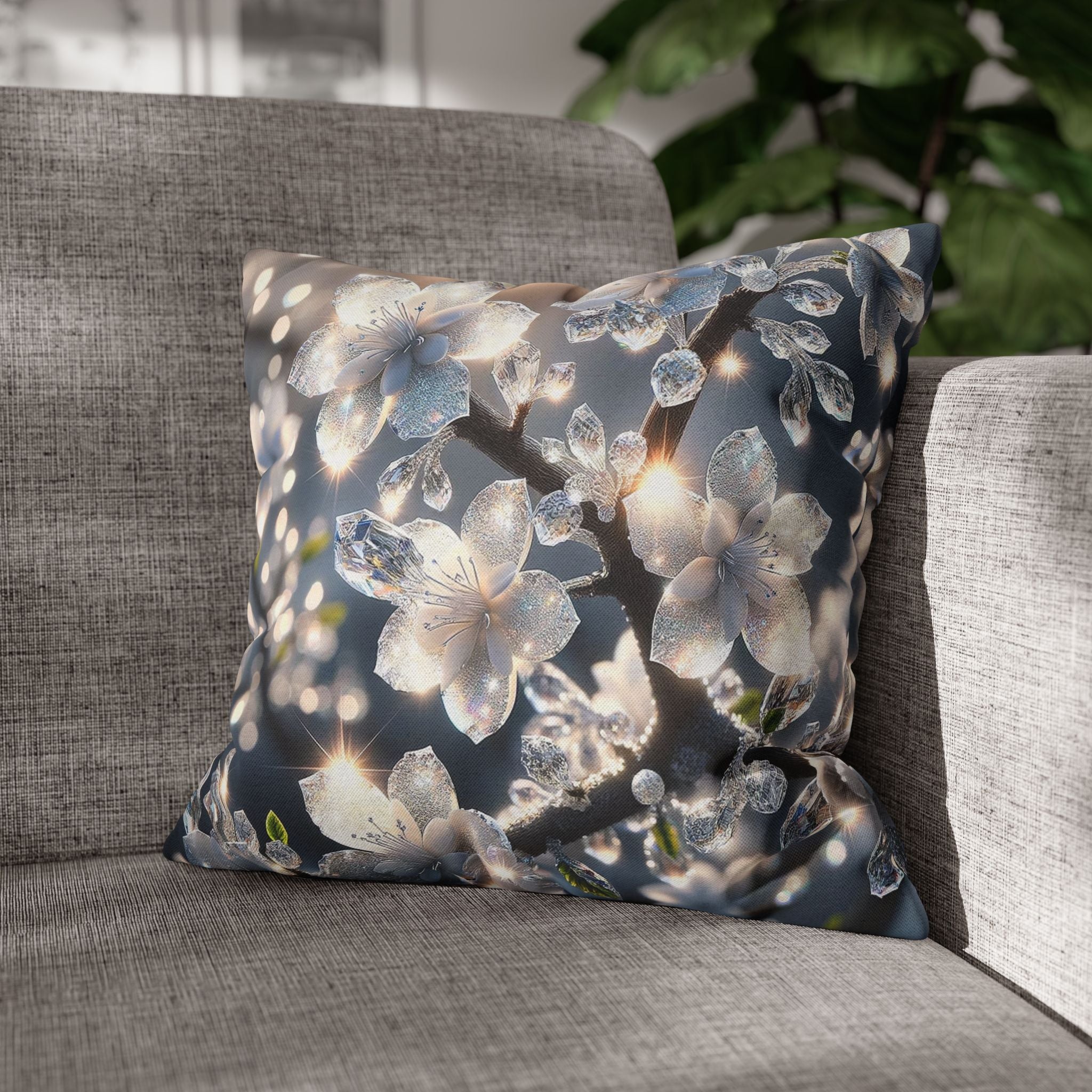Silver-coloured flowers on grey background - Polyester Square Pillowcase