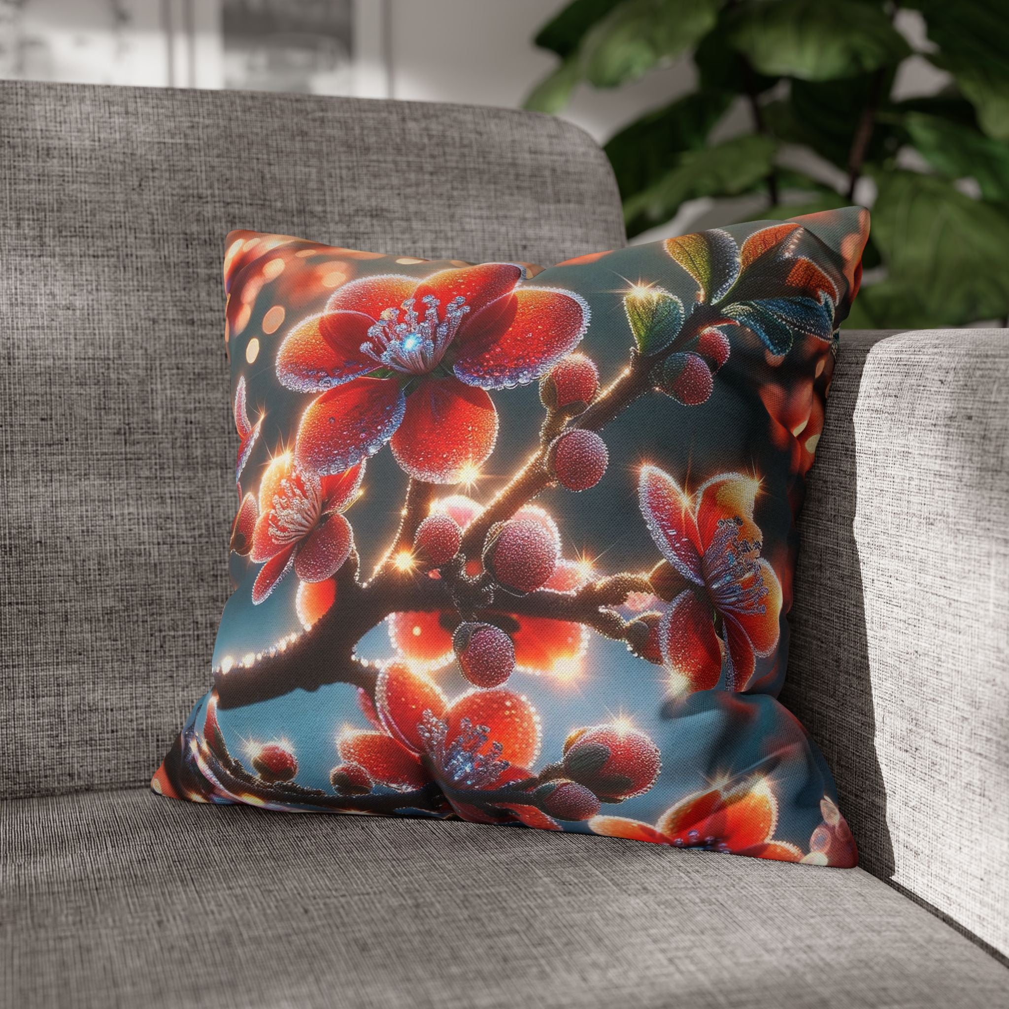 Red flowers with grey background - Polyester Square Pillowcase