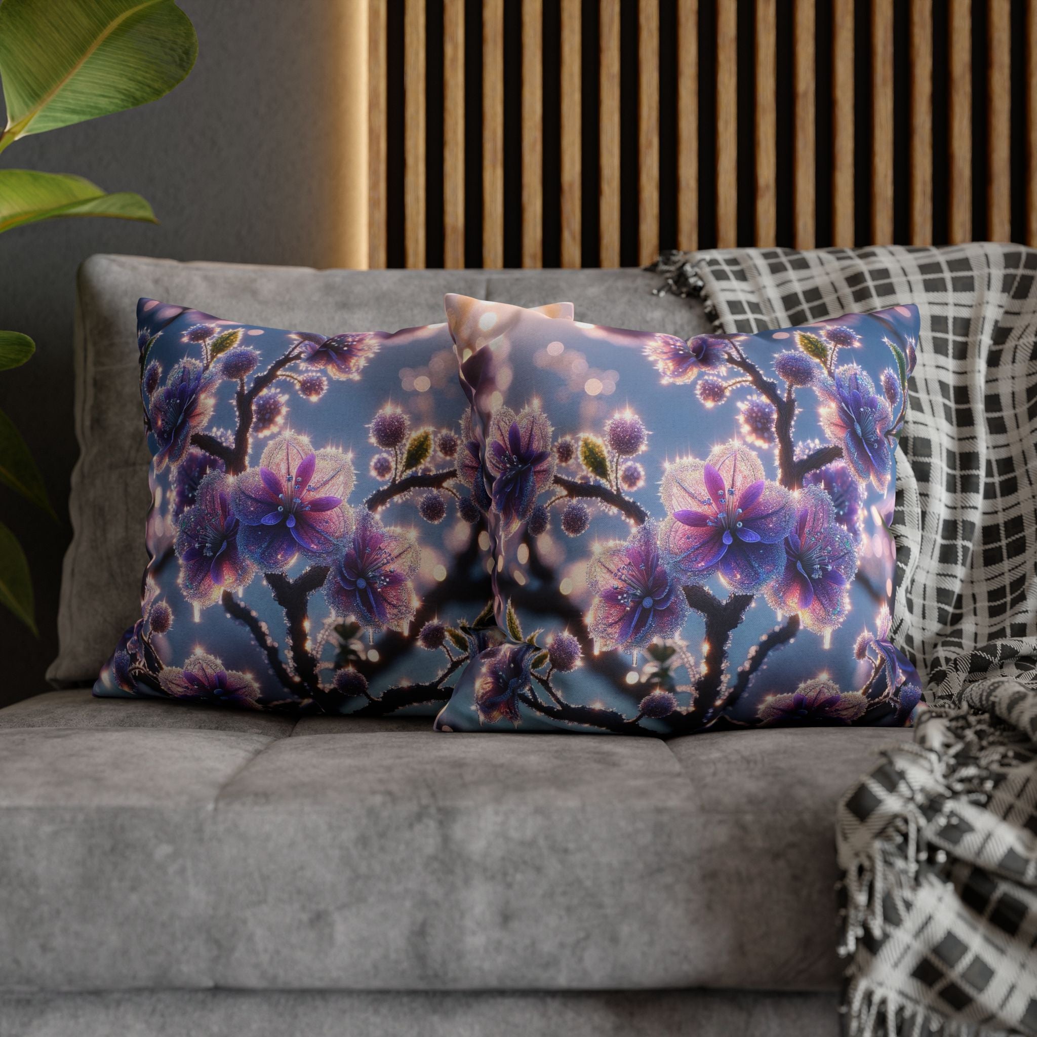 Lavender coloured flowers with sky blue background -  Polyester Square Pillowcase