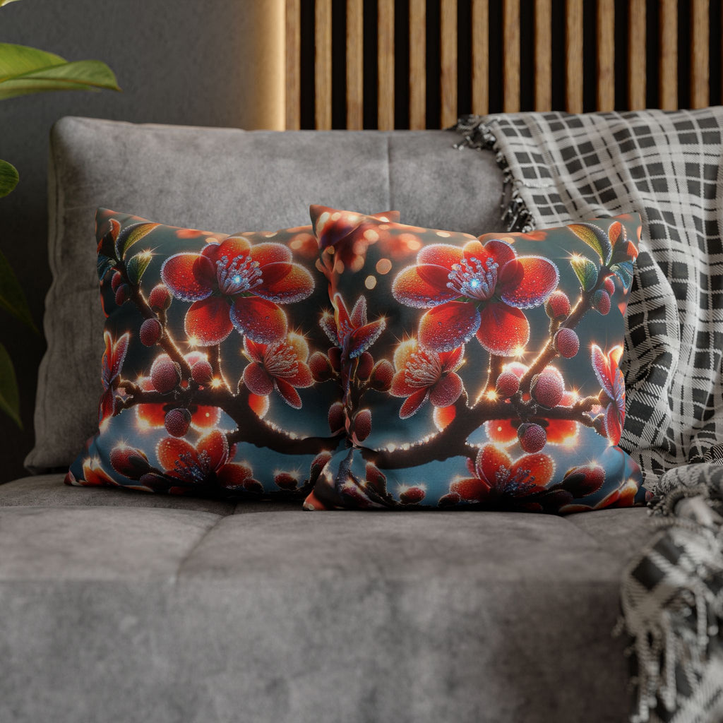 Red flowers with grey background - Polyester Square Pillowcase