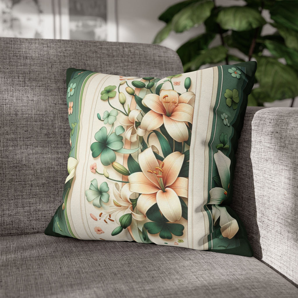 Green & peach coloured lilies - Polyester Square Pillowcase