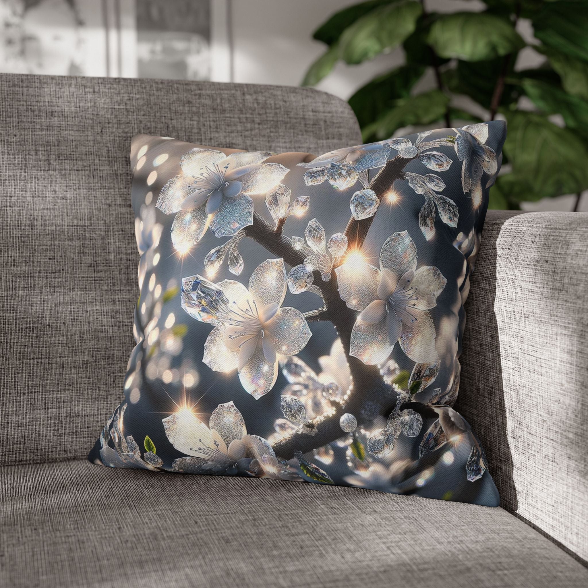 Silver-coloured flowers on grey background - Polyester Square Pillowcase