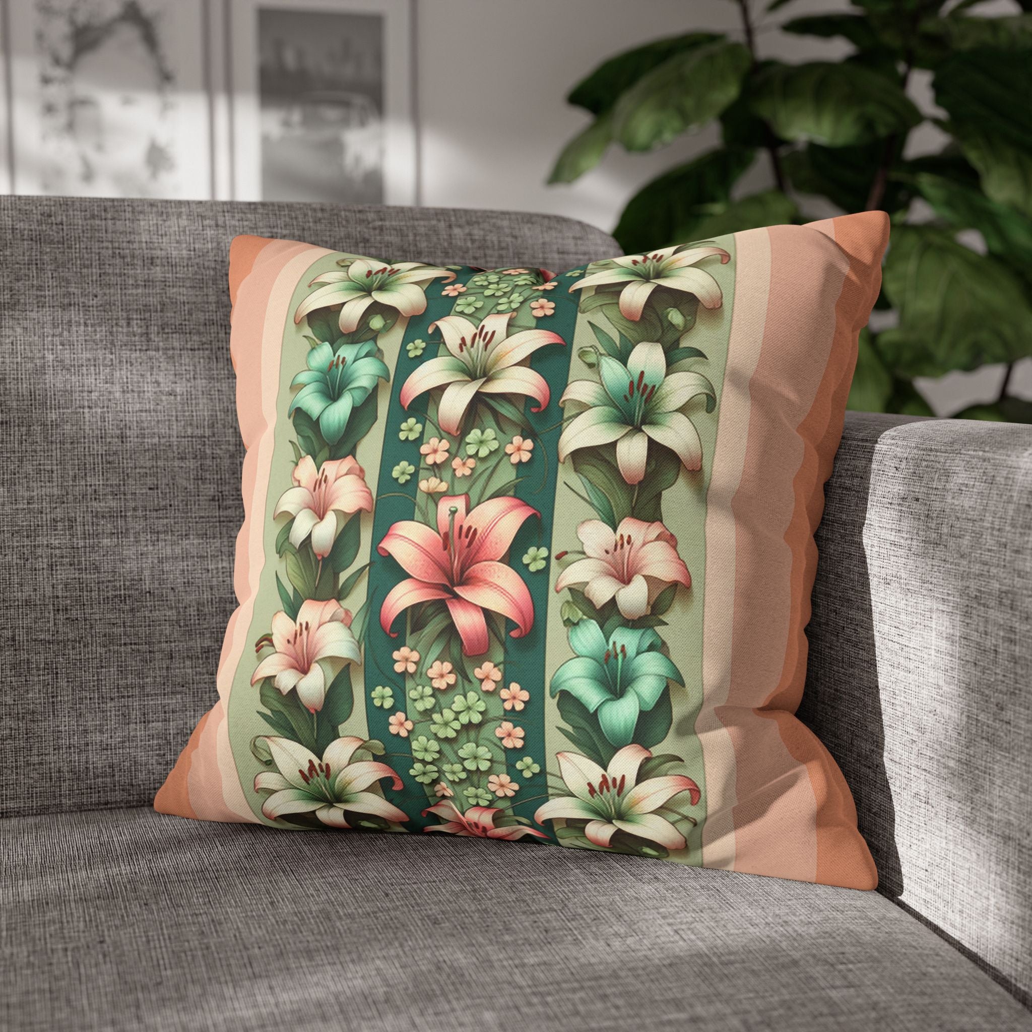 Lilies on peach background - Polyester Square Pillowcase