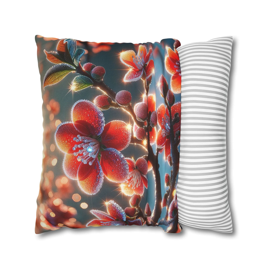 Red flowers with grey background - Polyester Square Pillowcase