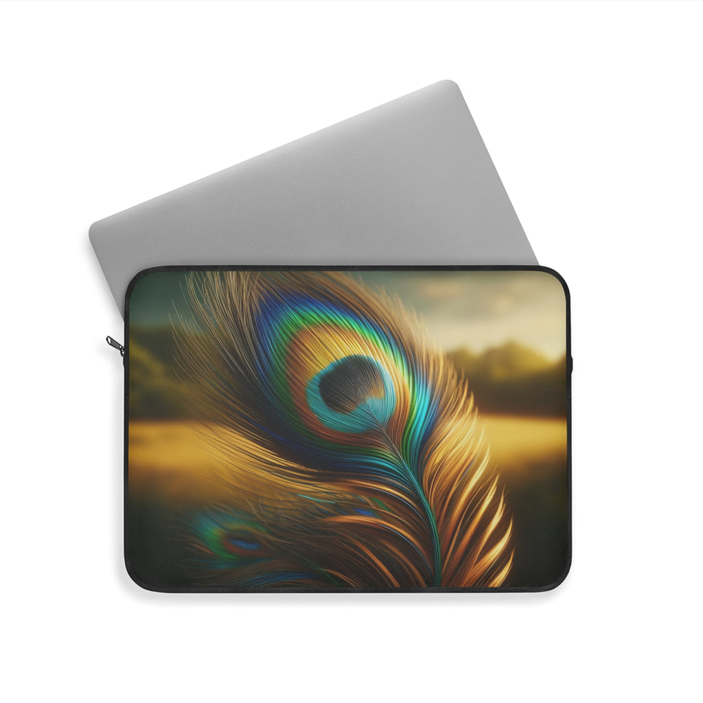A golden-green peacock feather in the field - Laptop Sleeve